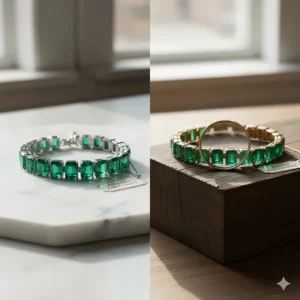 Comparison image showing a beautiful, affordable lab-created emerald bracelet alongside a natural one.