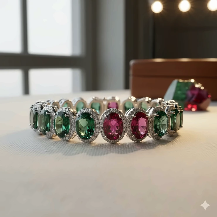 Stunning alexandrite bracelet showcasing the unique color-change from green in daylight to ruby-red under incandescent light.