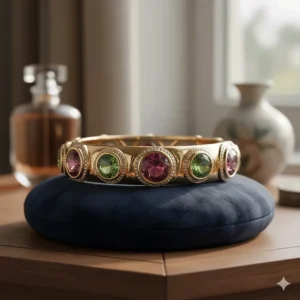 Intricate design of an 18k gold bangle bracelet featuring bezel-set alexandrite stones.