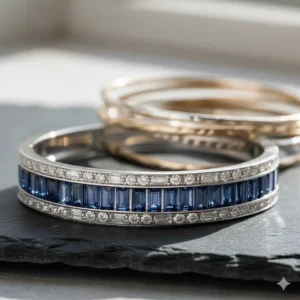 Detail shot of a channel-set bracelet featuring baguette-cut sapphire and diamond stones, perfect for stacking.
