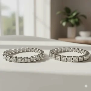 Comparison image showing round and princess-cut diamonds within a bezel bracelet design.