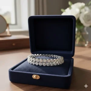 A new diamond bezel bracelet presented in a luxurious velvet jewelry box, perfect for a gift.