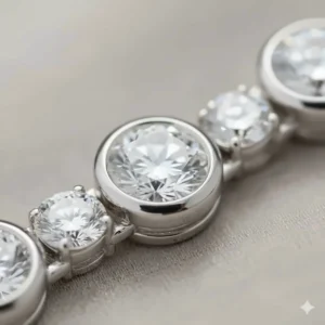 Macro shot of the secure bezel setting on a diamond bracelet, highlighting the smooth metal edge that protects each stone.