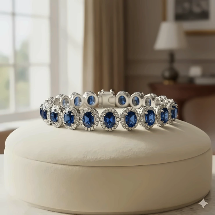 Stunning blue sapphire tennis bracelet on a velvet cushion, highlighting the brilliant-cut sapphires and secure clasp.