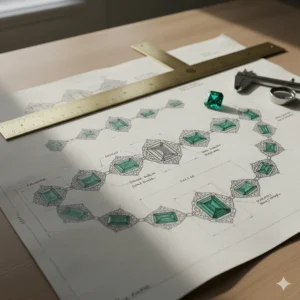 Technical sketch illustrating the design process for a custom emerald bracelet setting.