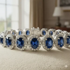 Macro shot of the individually set, vibrant deep blue sapphire gemstones in the bracelet.