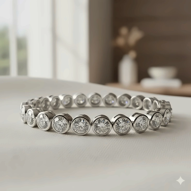 Closeup of a stunning round diamond bezel bracelet in white gold, emphasizing the secure setting and brilliant sparkle.