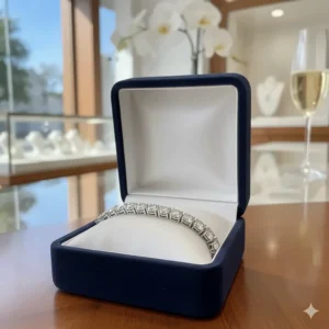 A luxurious gift box containing a brand new silver diamond bracelet ready for giving.
