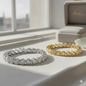 A visual comparison of a white gold diamond bracelet next to a yellow gold version for color reference.