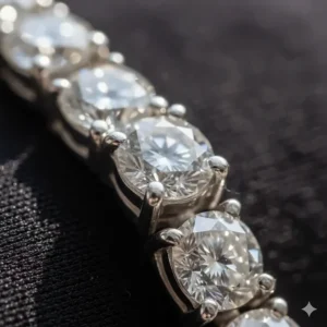 Detailed close-up of the secure diamond setting on a sterling silver bracelet.