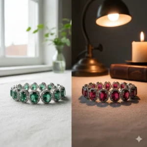 Side-by-side comparison of the same alexandrite bracelet under two different light sources to show the dramatic color change.