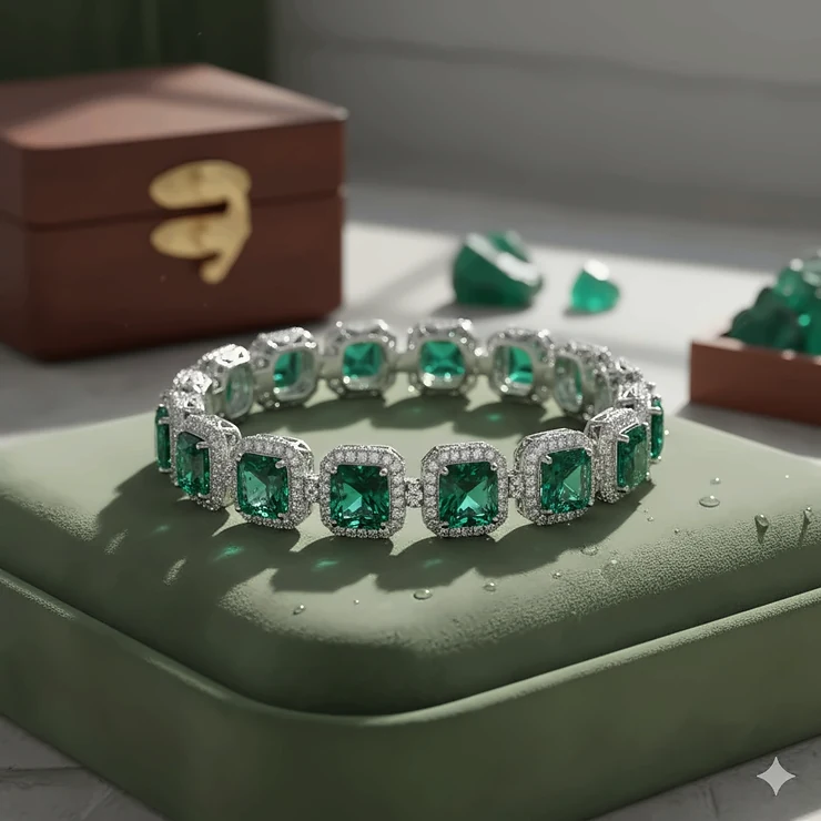 A stunning, high-quality photograph showcasing a beautiful emerald bracelet with a diamond halo setting, highlighting the vibrant green color of the emeralds.