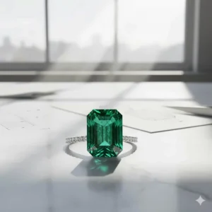 Animated illustration focusing on the unique rectangular shape of an emerald cut emerald, perfect for a bracelet.