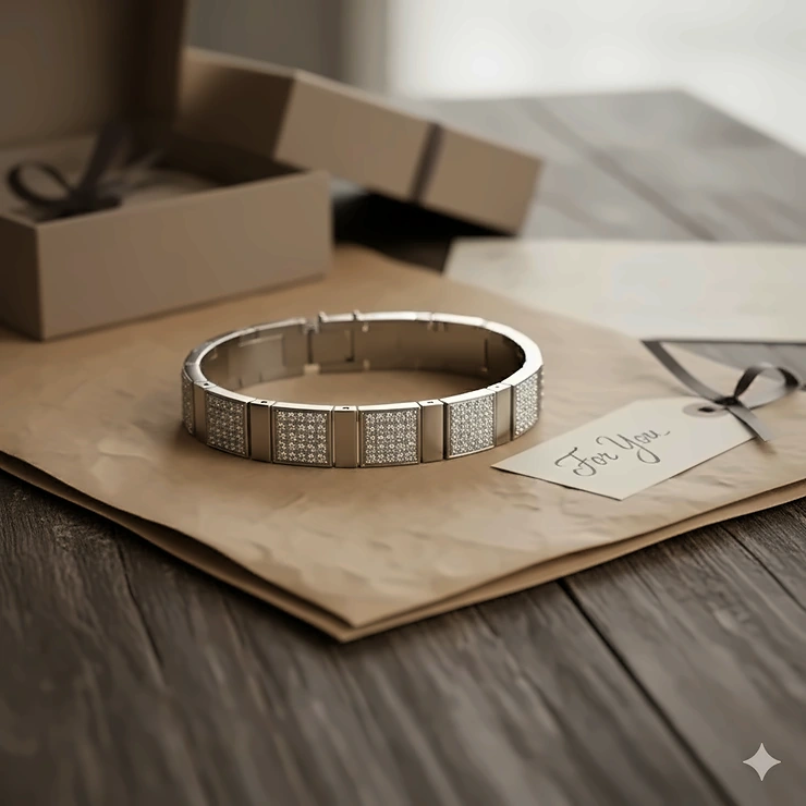 A perfect gift idea: a close-up of a sleek diamond bracelet for men resting on a dark wood surface.