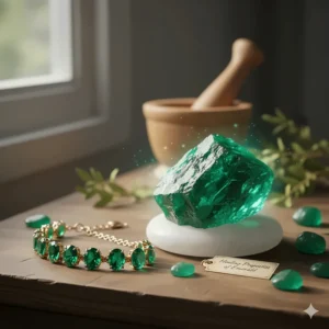 Image of a raw emerald stone next to a finished bracelet, highlighting the beauty and rumored healing properties of the gem.