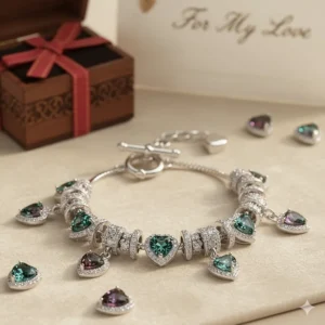 Close-up view of a heart-cut alexandrite charm bracelet for a romantic gift idea.