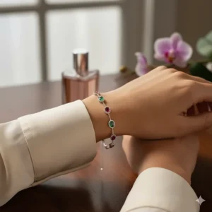 Model wearing a delicate alexandrite bracelet on her wrist, highlighting its color and sparkle.