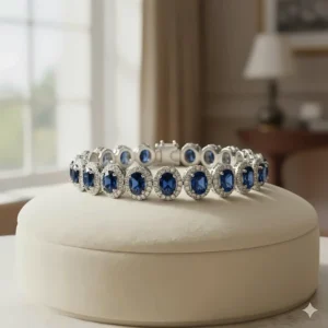 High-carat sapphire tennis bracelet, showcasing the impressive size and uniform cut of the stones.