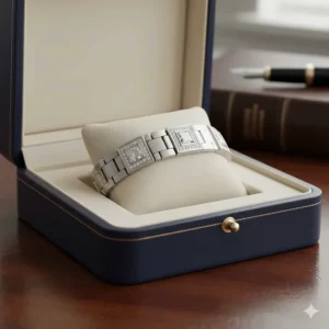 A luxurious presentation box holding a newly purchased bracelet with diamond for men.