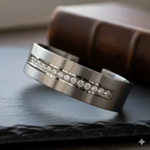 Detail shot of a titanium bracelet with diamond inlay, showing the secure pavΓ© setting and polished finish.