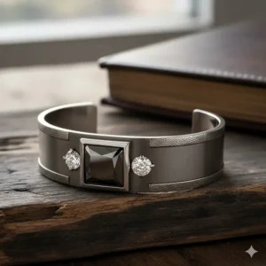 A stunning close-up of a men's diamond bracelet, showcasing a bezel-set diamond in a brushed metal cuff design.