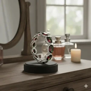 Elegant oval cut alexandrite cuff bracelet with diamond accents perfect for a special occasion.