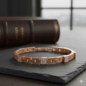 A unique rose gold chain bracelet for men, featuring small, strategically placed diamond clusters.