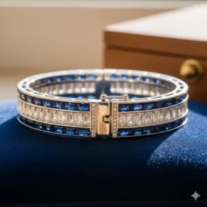 The secure clasp mechanism on a wide sapphire and diamond bangle bracelet for safety and style.