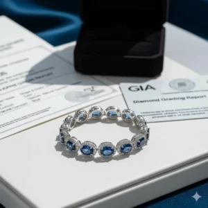 GIA certification documents next to a luxurious sapphire and diamond bracelet, confirming gemstone quality.