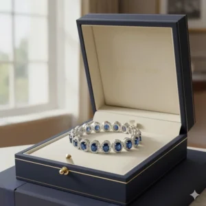 The beautiful sapphire tennis bracelet presented inside a premium, branded jewelry gift box.