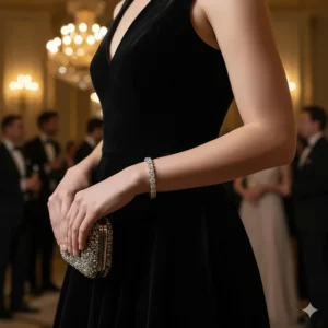 The shimmering silver diamond bracelet paired perfectly with formal evening attire.