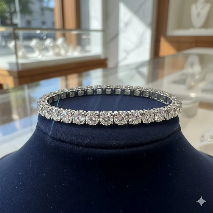 Stunning silver diamond bracelet on a velvet stand, showcasing its brilliant sparkle and elegant craftsmanship.