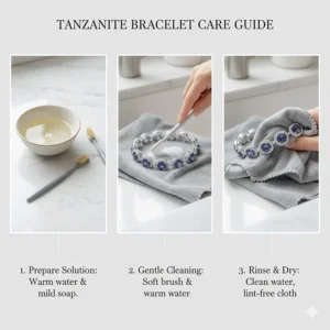 Visual guide demonstrating how to clean and properly care for your delicate tanzanite bracelet.