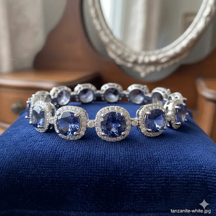 Stunning tanzanite bracelet set in polished white gold on a velvet display.