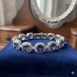 Luxurious tennis-style tanzanite bracelet accented with small, brilliant-cut diamonds for extra sparkle.