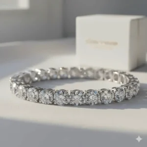 Highlighting the sparkle of the two-carat total weight diamonds set in the premium white gold bracelet.