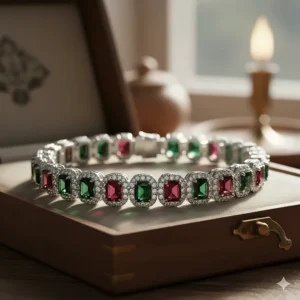 Close-up of a vintage alexandrite tennis bracelet featuring brilliant cut stones set in white gold.