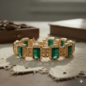 Close-up of a vintage emerald tennis bracelet with intricate gold links, illustrating classic jewelry style.
