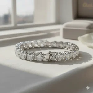 A close-up detail of the secure, polished white gold clasp on the elegant diamond bracelet.