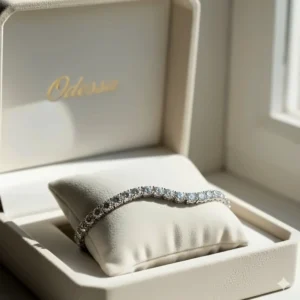 The beautiful diamond bracelet presented elegantly inside a luxurious white or black velvet gift box.