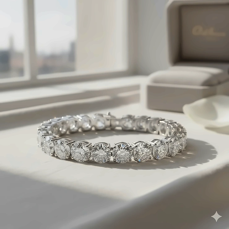 A stunning white gold diamond bracelet showcasing the brilliant cut stones and sleek metal design.