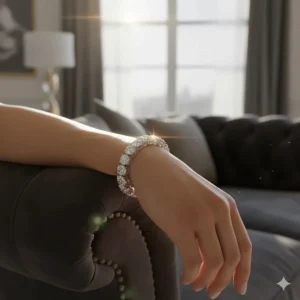 A beautiful model wearing the delicate white gold diamond bracelet styled for an evening look.