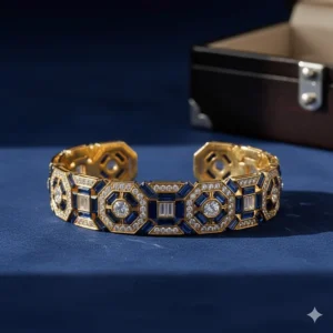 Stunning Art Deco-inspired yellow gold sapphire and diamond bracelet with geometric patterns.