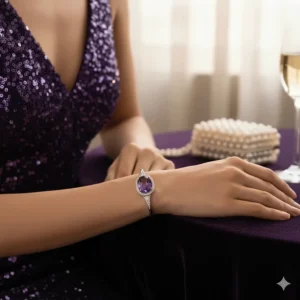 Elegant silver amethyst bangle bracelet for women paired with formal evening wear.