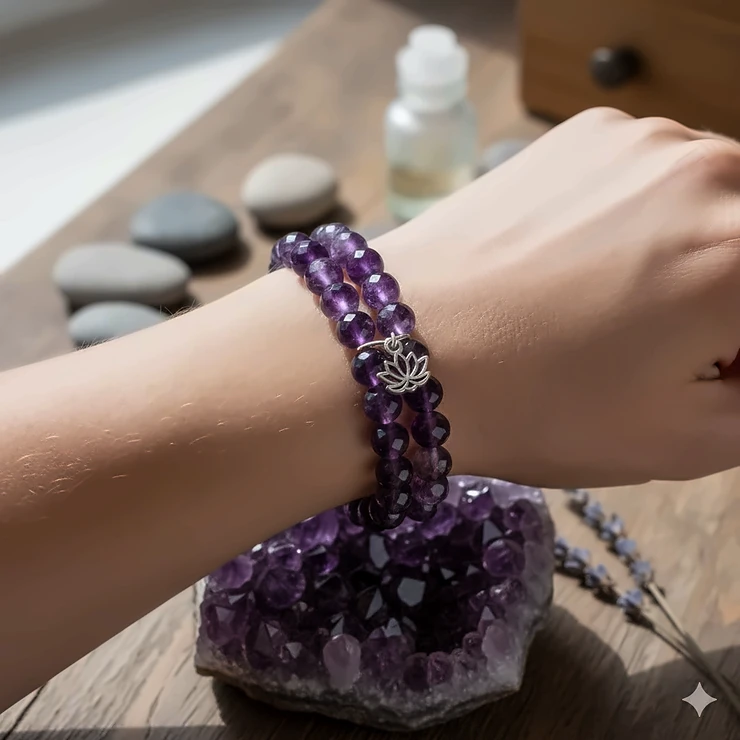 Stunning amethyst beaded bracelet for women on a wrist, showcasing its natural purple color and elegant design. amethyst bracelets for women