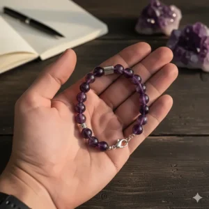 A hand holding the amethyst bracelet for men, providing a sense of scale and the weight of the natural gemstones.