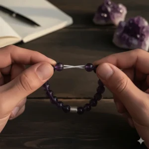 Image illustrating the high-strength, elastic cord used in the men's amethyst bracelet for easy and durable wear.