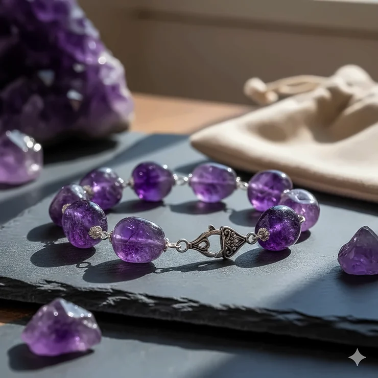 Stunning amethyst bracelet with deep purple stones and sterling silver clasp, showcasing the elegant design.