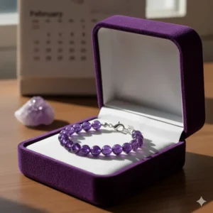 Amethyst bracelet nestled in a velvet gift box, making it an ideal gift for a February birthday.