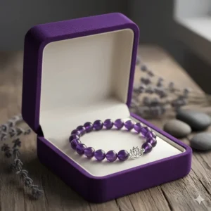 The amethyst bracelet placed inside a luxury velvet gift box, perfect for a thoughtful present for women.